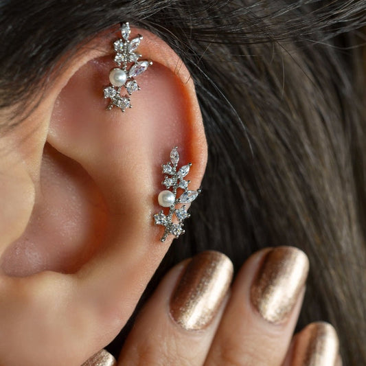 Leaf Earring With Pearls  For Cartilage Leaf Earrings Cartilage Earrings Leaf Piercing Single Gold Earrings Silver Earrings