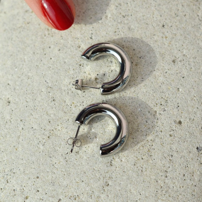 Curved Steel Hoop Earrings Huggie Hoop Earrings   Silver Medium Hoop Earrings