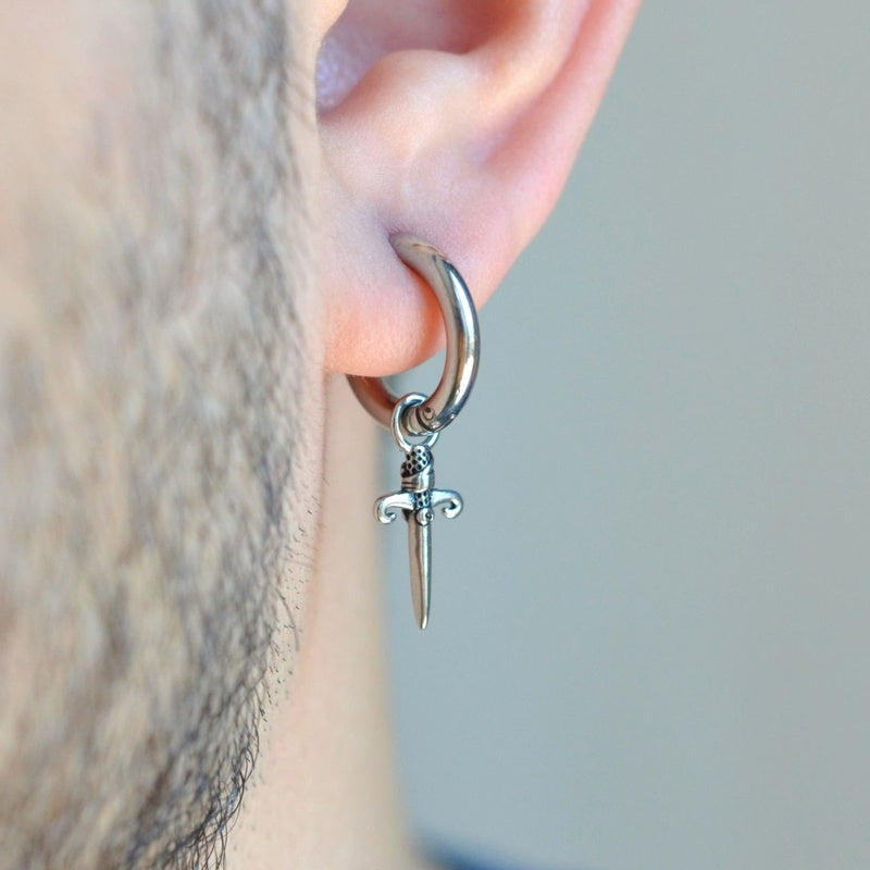 Mens Earrings Dagger Silver Dangle Sword Knife Thumb Antique Steel Hoop Earrings