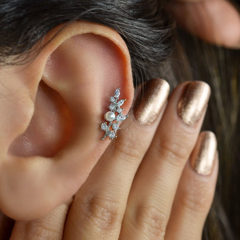 Leaf Earring With Pearls  For Cartilage Leaf Earrings Cartilage Earrings Leaf Piercing Single Gold Earrings Silver Earrings