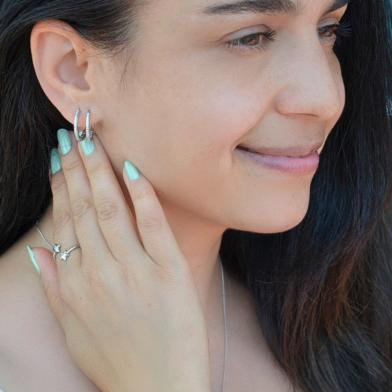 Hoop Earrings  Stoned Huggie Hoop Earrings Midi Hoop Earrings Silver Hoops Earring set  Silver Earrings