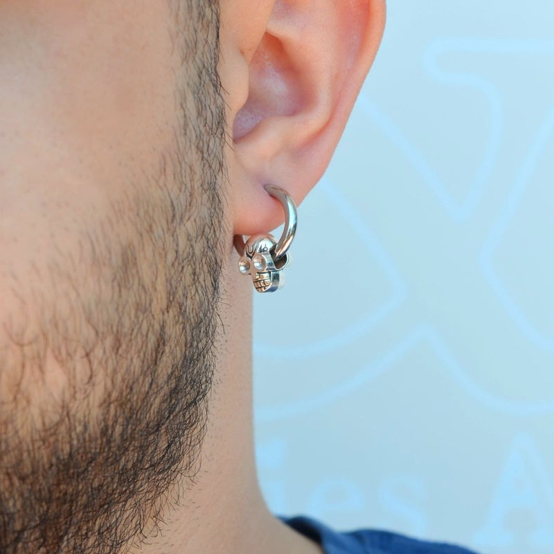 Skull Figured Steel Hoop Mens Earring Mens Earrings Male  Huggie Antique Thumb Vintage