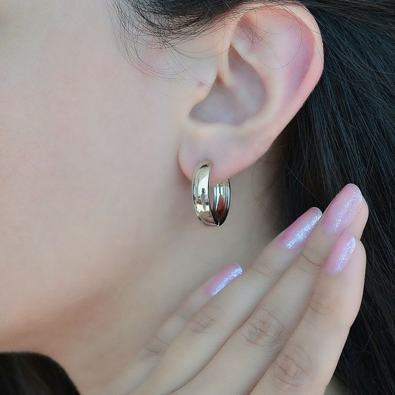 Curved Flat Hoop Earrings Huggie Hoop Earrings   Silver Medium Hoop Earrings