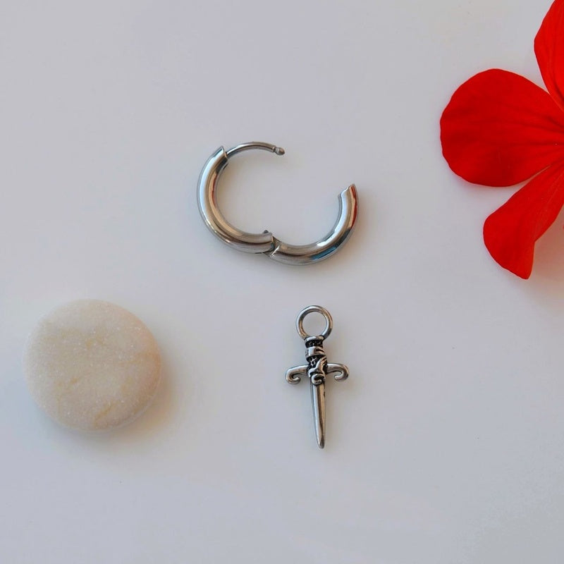 Mens Earrings Dagger Silver Dangle Sword Knife Thumb Antique Steel Hoop Earrings